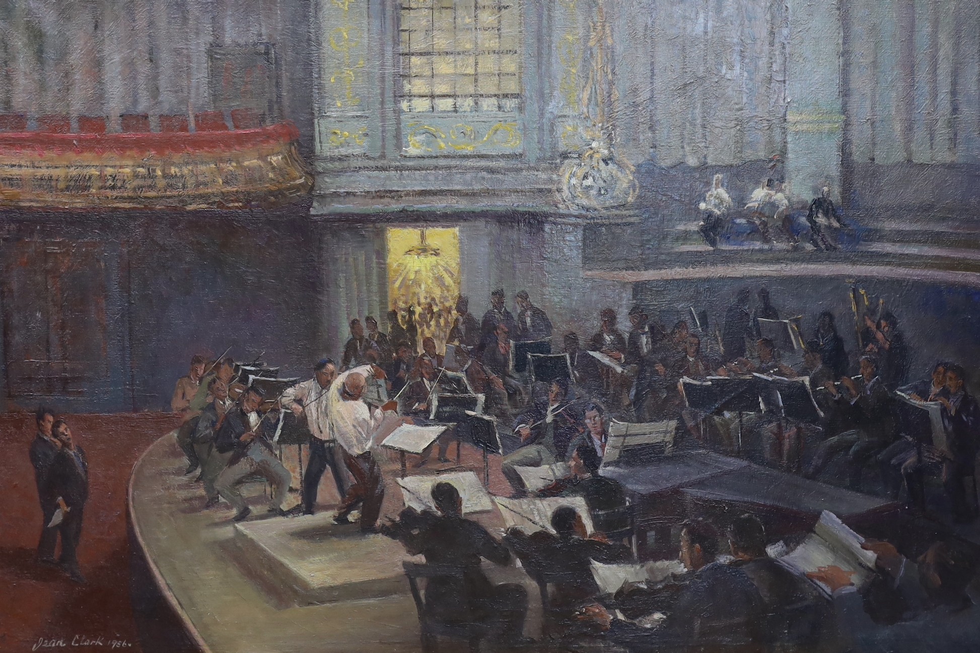 Jean Clarke (1902-1999), oil on canvas, 'Vienna Symphony Orchestra rehearsing 1956 with Felix Prohaska', signed and dated 1956, 60 x 90cm